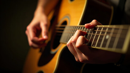 Obraz premium Guitarist hands playing an acoustic guitar, artistic expressive image
