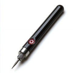 High-resolution close-up of a small, black handheld rotary tool with a metallic tip, isolated against a stark white backdrop.  The