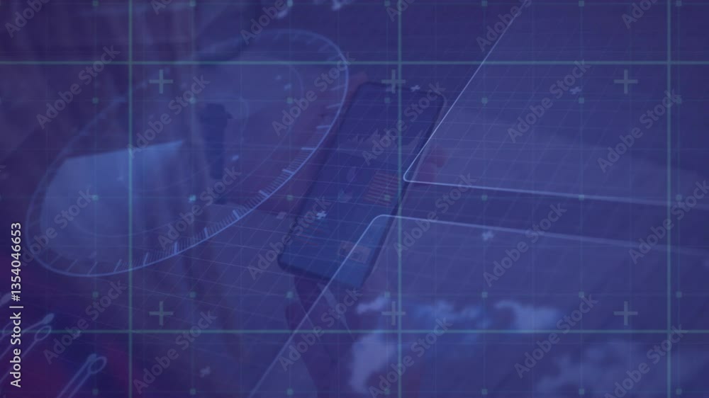 Poster animation of futuristic digital interface with smartphone and data graphs