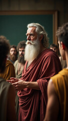 Fototapeta premium A wise and weathered elderly ancient Greek philosopher in classroom, surrounded by his students