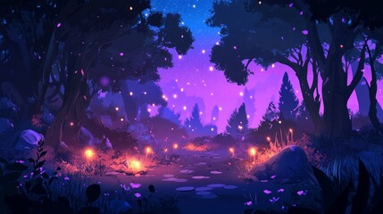 Obraz premium Gloomy fantasy forest scene at night with glowing lights.