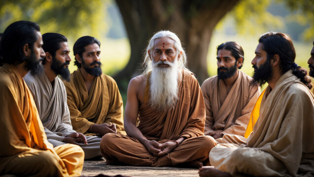 Indian guru or sadhu surrounded by his disciples