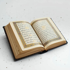 Obraz premium A beautifully designed Quran book, isolated on a clean background, showcasing its intricate cover details.