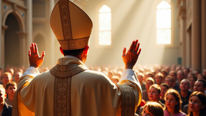 The pope blessing people, back view in front of crowd