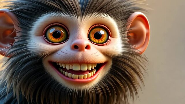 Close Up Portrait Of A Smiling Monkey With Orange Eyes And Gray Fur Against A Brown Blurred Background