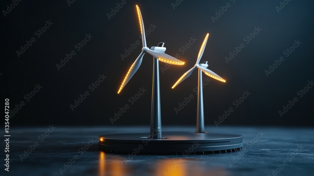 Aufkleber two miniature wind turbines with illuminated orange blades on a dark circular base highlighted again