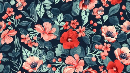 Seamless floral pattern with blooming flowers, perfect for fabric and textile design.

