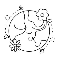 earth with flower heart bee butterfly doodle outline