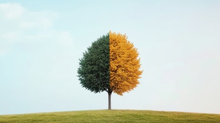 Split Tree with Half Green Leaves and Half Yellow Leaves in a Calm Landscape Reflecting Seasonal Transition in Nature