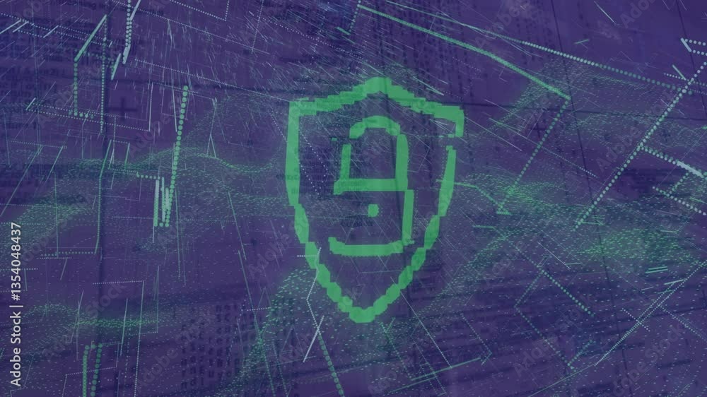Poster digital shield icon with binary code and data processing animation in background