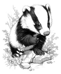 Black and white illustration with a badger.