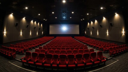 Spacious cinema hall with red seats and a central projection screen.