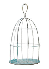 Empty metal blue wire bird cage. Home interior decoration hand drawn watercolor illustration for design isolated on white background. Colorful bright clipart for stickers, cards, scrapbooking, posters