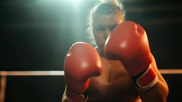Determined female boxer with sweaty face raises her gloves in a fighting stance under dramatic lighting in a boxing ring, focused and ready for powerful strikes
