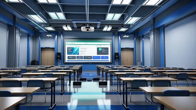 Modern classroom with digital projector, large screen, blue walls, and neatly arranged desks in bright lighting

