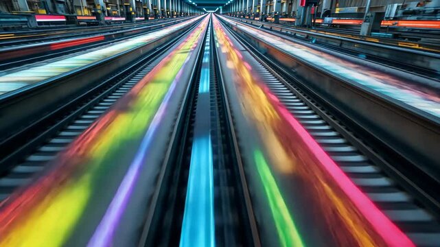 Colorful Streaks Of Light On Parallel Tracks Conveying Speed And Movement In Industrial Setting