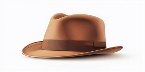 Classic tan fedora hat with ribbon on white background
