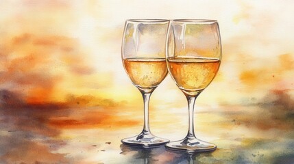 Romantic Sunset: Two Glasses of White Wine at Golden Hour