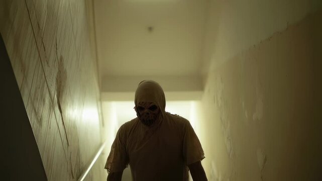 Terrifying masked figure in tattered robe slowly descending staircase in abandoned building with dim lighting, evoking horror pursuit scene and psychological fear