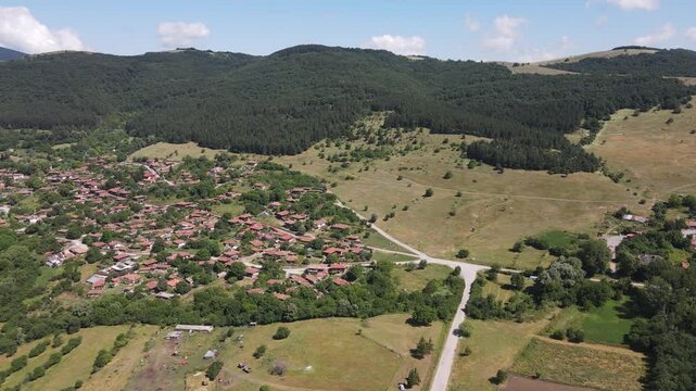 Aerial view of village of Zheravna with nineteenth century houses, Sliven Region, Bulgaria