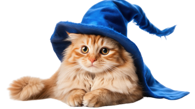 adorable cat dressed as wizard isolated on white background