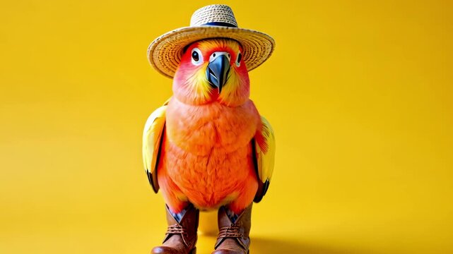 Colorful parrot in a straw hat and boots standing against a bright yellow background, showcasing vibrant tropical wildlife and fun aesthetics
