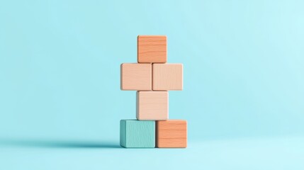 Wooden building blocks arranged to form a simple human figure on a soft blue background, concept of creativity, playfulness, and learning