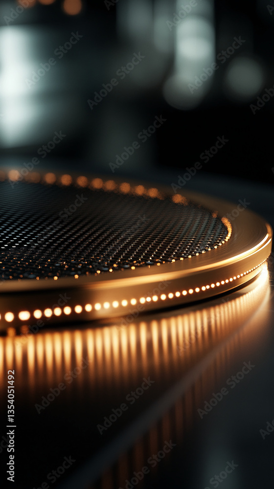 Poster Circular metallic platform with grid texture and warm light accents, showcasing a minimalist and modern design, ideal for product display or presentation
