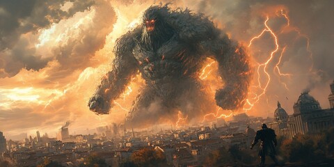Monstrous Colossus Threatens Metropolis in Dramatic Atmospheric Showdown