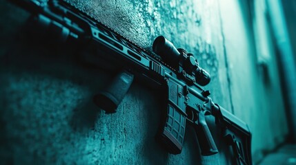 modern tactical rifle leaning against a wall
