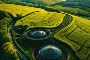 High Resolution Image of Biogas Plant and Farm in Blooming Rapeseed Fields for Renewable Energy
