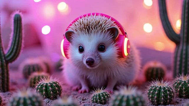Adorable hedgehog with headphones surrounded by cacti under colorful lights creating a cute and vibrant atmosphere