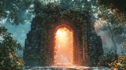 Spectacular fantasy scene with a portal archway covered in creepers. In the fantasy world, ancient magical stone gate show another dimension.