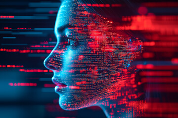Un visage f&eacute;minin qui surgit d'une interface virtuelle, fusionnant avec des lignes de code et des donn&eacute;es num&eacute;riques, symbolise l'intelligence artificielle et la technologie futuriste