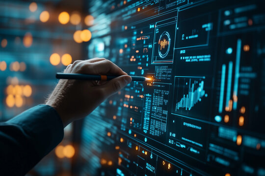 Un homme d'affaires qui travaille sur un projet d'intelligence artificielle en entreprise utilise un stylet pour analyser des donn&eacute;es num&eacute;riques sur une interface virtuelle