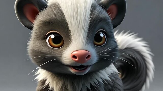 Cute Cartoon Skunk with Black and White Fur and Big Eyes in Neutral Gray Background