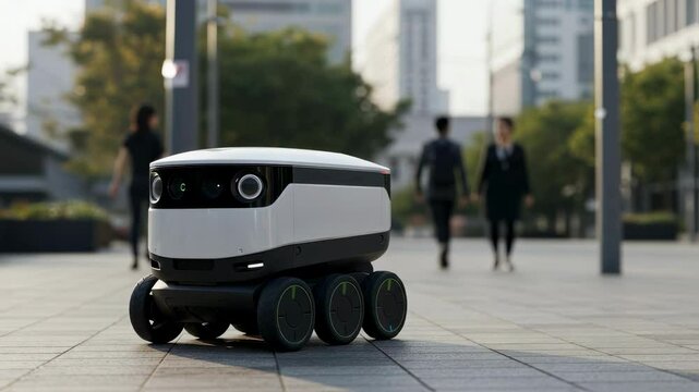 Small autonomous delivery robot standing on a pavement in a modern city, ready to begin package delivery
