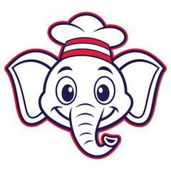 Cheerful Elephant Cartoon Character with Chef Hat Outline in Red and Navy Color Scheme