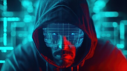 Mysterious hooded figure with digital holographic face enhancing technology in futuristic cyber environment showcasing intelligence and intrigue
