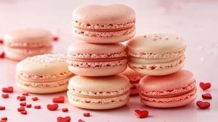 Fototapeta premium 1. Valentine's Day Love Banner: Heart-Shaped Macaron Cookies on a Pink Panoramic Background