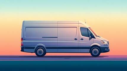 A silver delivery van driving on a road at sunset.