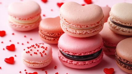 Obraz premium 1. Valentine's Day Love Banner: Heart-Shaped Macaron Cookies on a Pink Panoramic Background