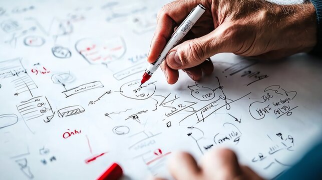 marketing strategist launching a product online in a remote team Zoom call, with whiteboard filled with diagrams, creative and ambitious vibe