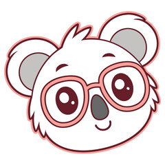 Cartoon Koala Face with Glasses, Cute Animal Character, Isolated on White Background