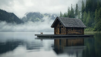 Obraz premium 3D cabin model with wooden logs, placed in a serene lake setting with mist rising in the background