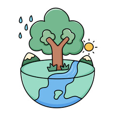 Mountains, trees, water, sun on the globe