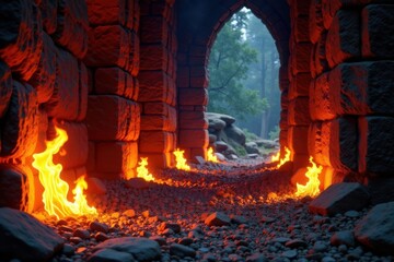 Flickering flames dance on stone walls, stone, fire effect