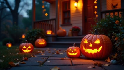 Obraz premium Flickering jack-o-lanterns on a porch, halloween, spooky