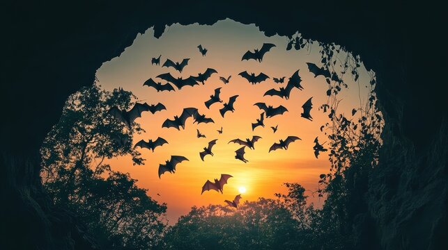 bats emerging from cave at sunset