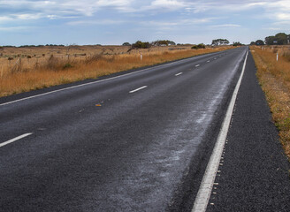 Long straight road through golden grasslands under a moody sky in rural South Australia, evoking solitude and vast horizons